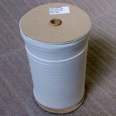 Knitted elastic textile band, 185% elongation, 8 mm á 250 m spool, raw white