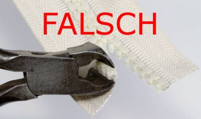 An Delrin-Reißverschlusszähnen falsch angesetzter Vornschneider